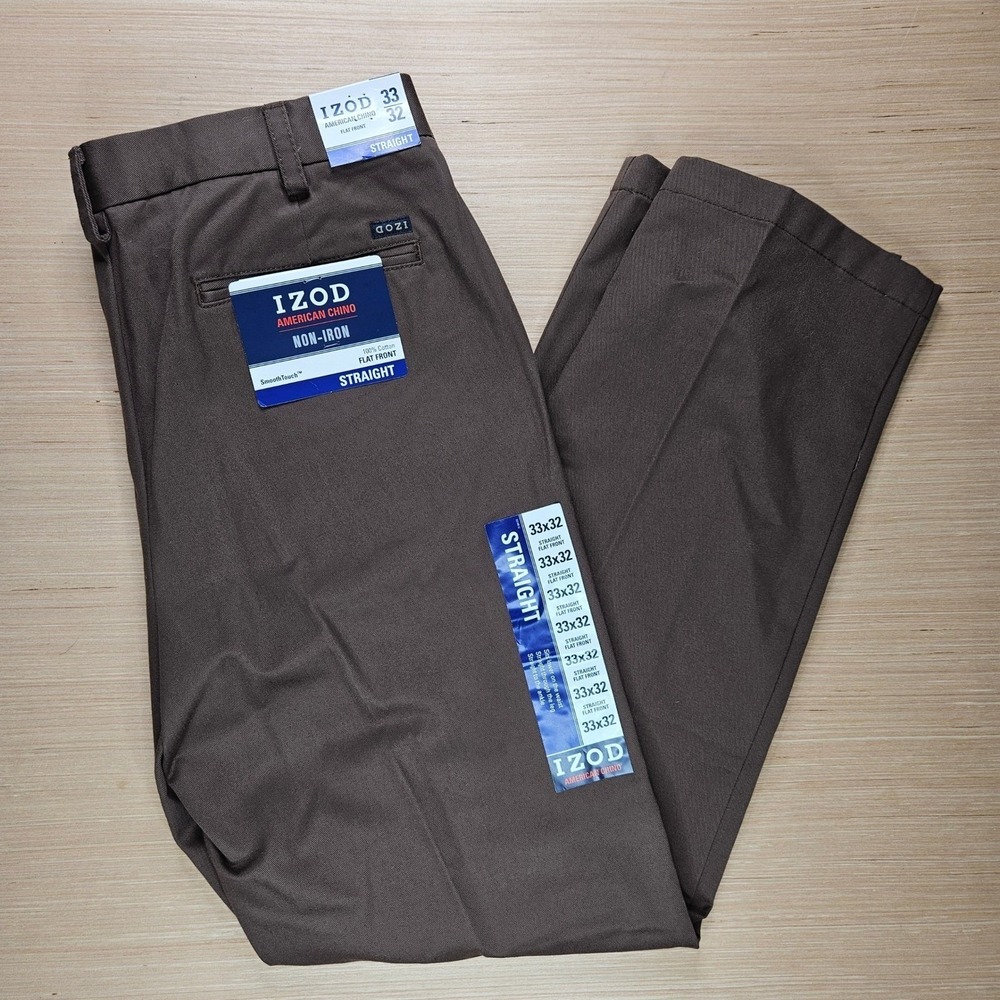 Izod Mens Straight Fit Flat Front‎ Chino Pants Brown 33x32 Smooth Touch NEW